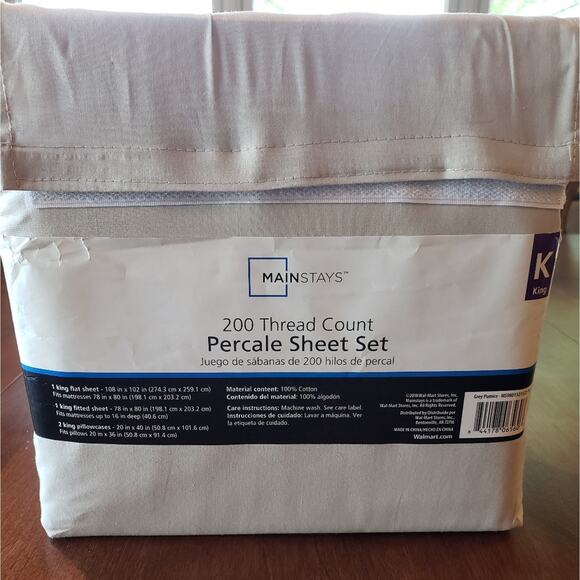 Mainstays Percale King sheet set 200 thread count new no pillow cases light gray - Picture 2 of 7